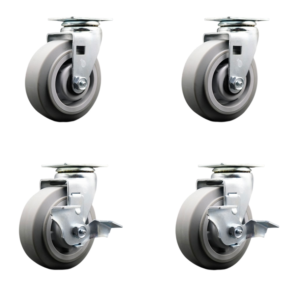SCC-20S520-TPRRF-2-TLB-2 Swivel Plate Caster Set, Gray 5 x 2 in. Thermoplastic Rubber Flat Tread Wheel Roller Bearing - 1800 lbs Total Capacity