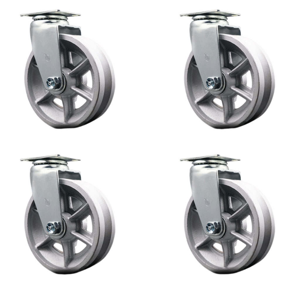 SCC-20S620-VGB-4 Swivel Top Plate Caster Set, Silver 6 x 2 in. V-Groove Semi Steel Cast Iron Wheel Ball Bearing - 1800 lbs Total Capacity