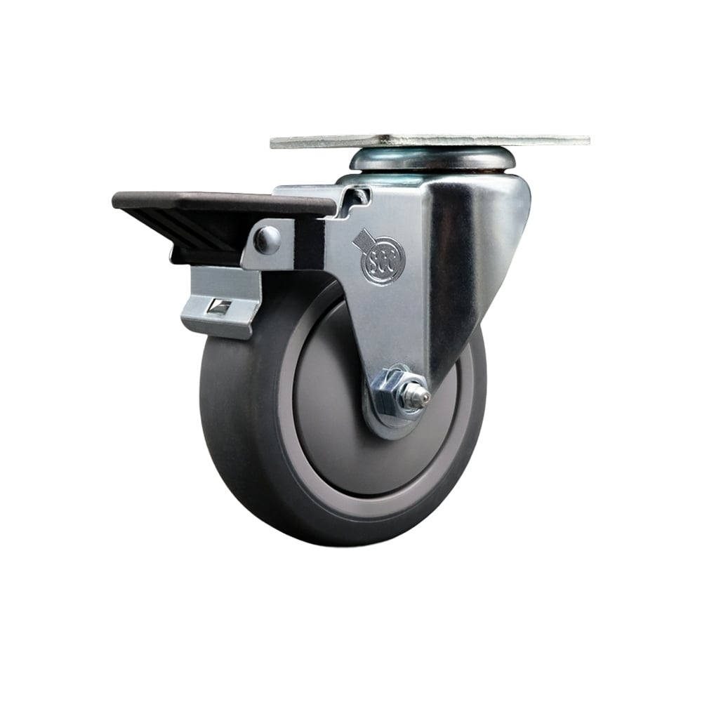 SCC-20S414-TPRB-PLB Thermoplastic Rubber Swivel Top Plate Swivel Caster with 4 in. Gray Wheel & Posi Locking Brake - 250 lbs Capacity per Caster