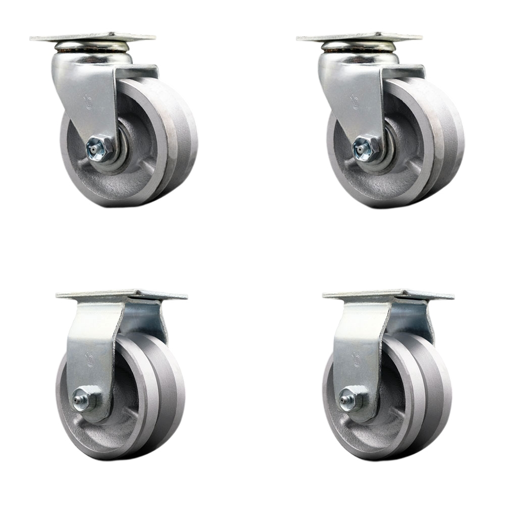 Swivel & Rigid Plate Caster Set, Silver 4 x 2 in. V-Groove Semi Steel Cast Iron Wheel Bronze Bearing - 1800 lbs Total Capacity