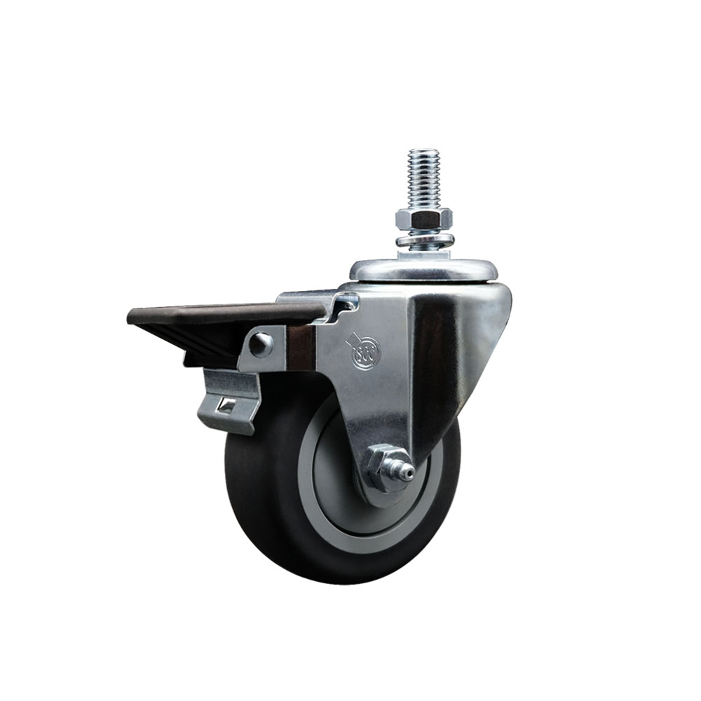 Thermoplastic Rubber Swivel Threaded Stem Caster - 3.5 x 1.25 in. Gray Wheel & 0.5 in. Stem & Posi Locking Brake - 230 lbs Capacity per Caster