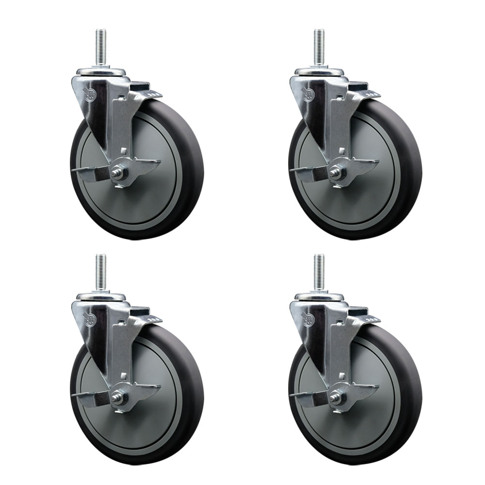 Thermoplastic Rubber Swivel Threaded Stem Caster with 6 x 1.25 in. Gray Wheels & 0.75 in. Stems - 1200 lbs Total Capacity - Set of 4
