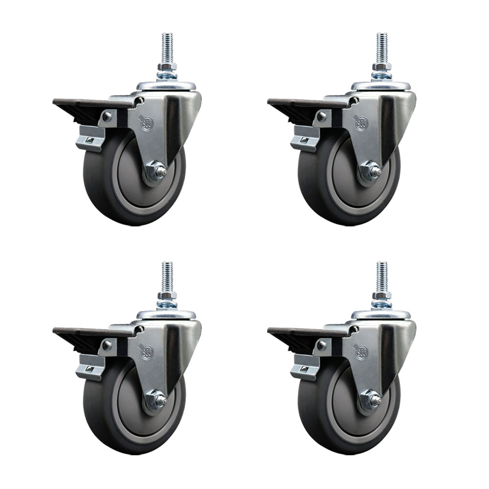 Thermoplastic Rubber Swivel Threaded Stem Caster with 4 x 1.25 in. Gray Wheels & 0.37 in. Stems - 1000 lbs Total Capacity - Set of 4