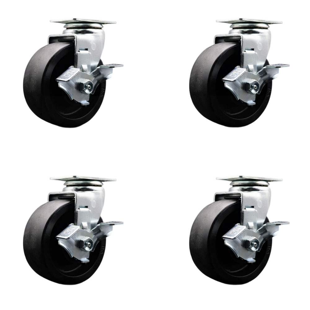 Tool Box Caster Wheel Set - 5 in. Flat Free, Easy Rolling Glass Filled Nylon Wheels - Industrial Grade - 4 Swivel Casters with Top Lock Brakes