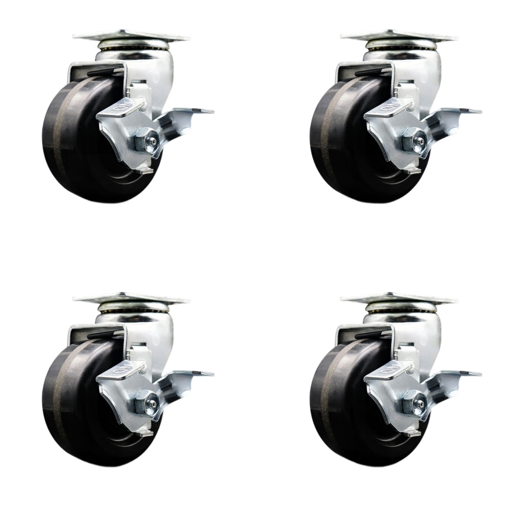 Tool Box Caster Wheel Set - 4 in. Flat Free, Zero Maintenance Phenolic Wheels - Industrial Grade - 4 Swivel Casters with Top Lock Brakes