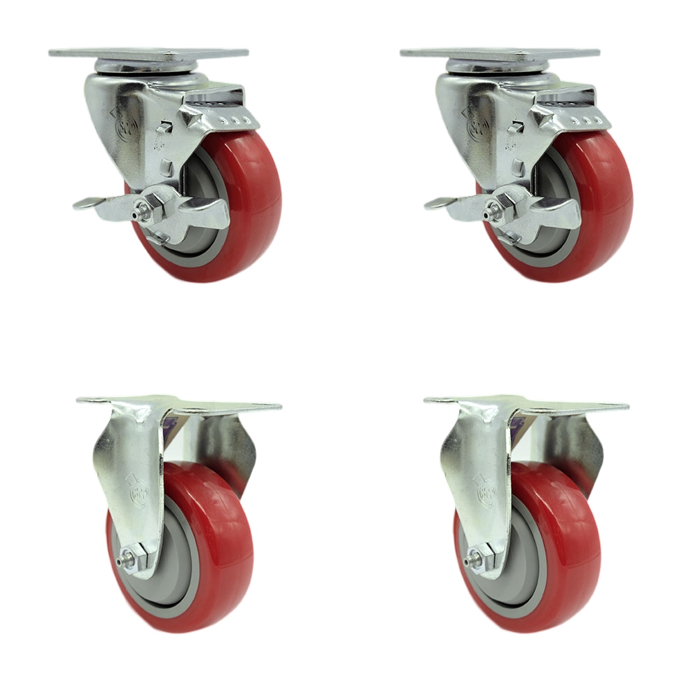 Tool Box Caster Wheel Set - 3.5 in. Non-Marking, Maintenance Free Red Polyurethane Wheels - Industrial Grade - 2 Swivel with Top Lock Brakes