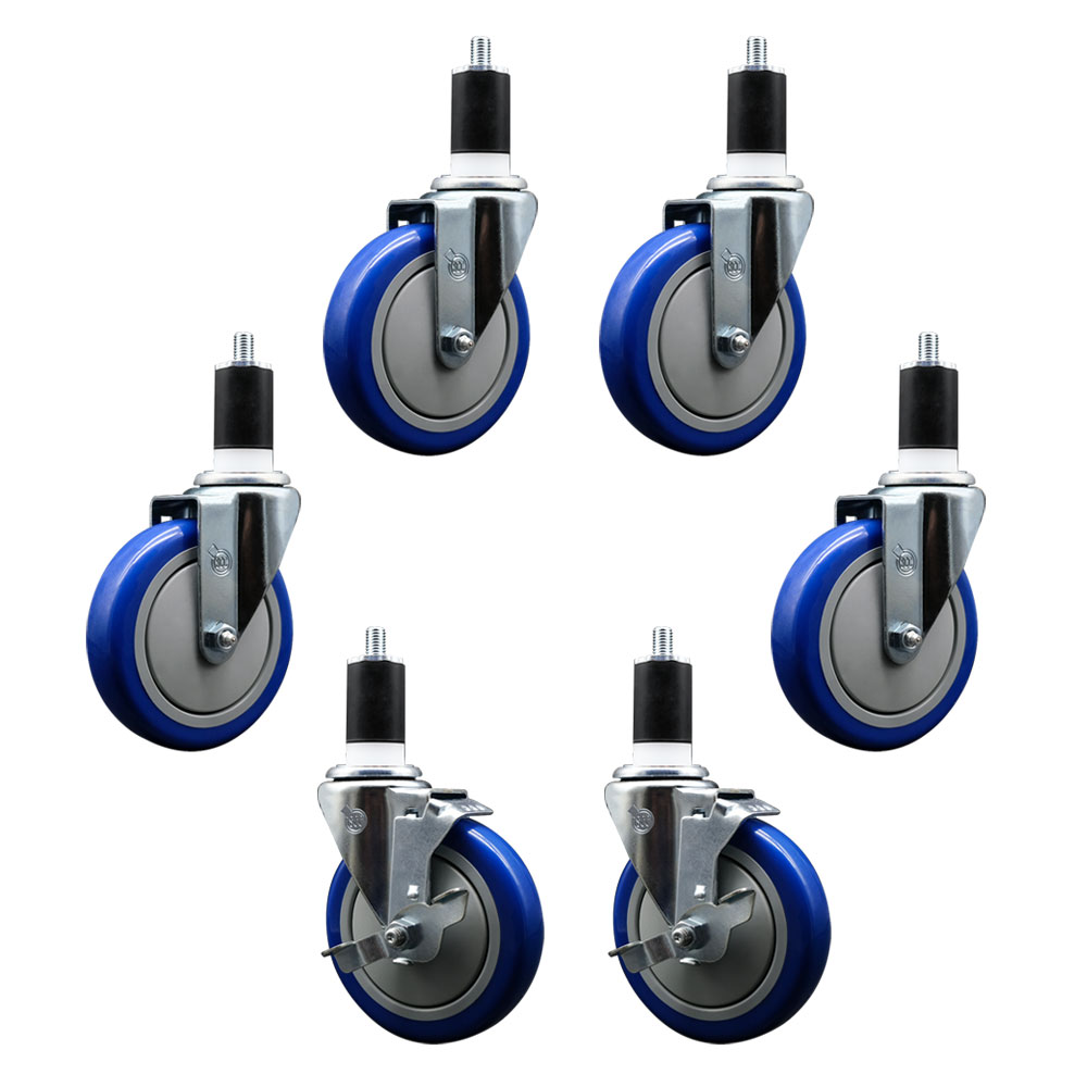REG-EX20S514-PPUB-BLUE-4-TLB-2-112 600CASTER6 Regency 5 in. Expanding Stem Caster Set - Light Duty Replacement - Blue Polyurethane Wheel