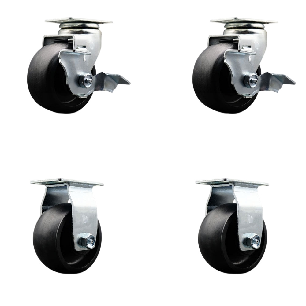 Tool Box Caster Wheel Set - 4 in. Flat Free, Zero Maintenance Glass Filled Nylon Wheels - Industrial Grade - 2 Swivel with Top Lock Brakes