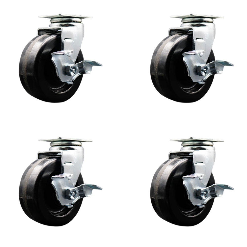 Tool Box Caster Wheel Set - 5 in. Flat Free, Zero Maintenance Phenolic Wheels - Industrial Grade - 4 Swivel Casters with Top Lock Brakes