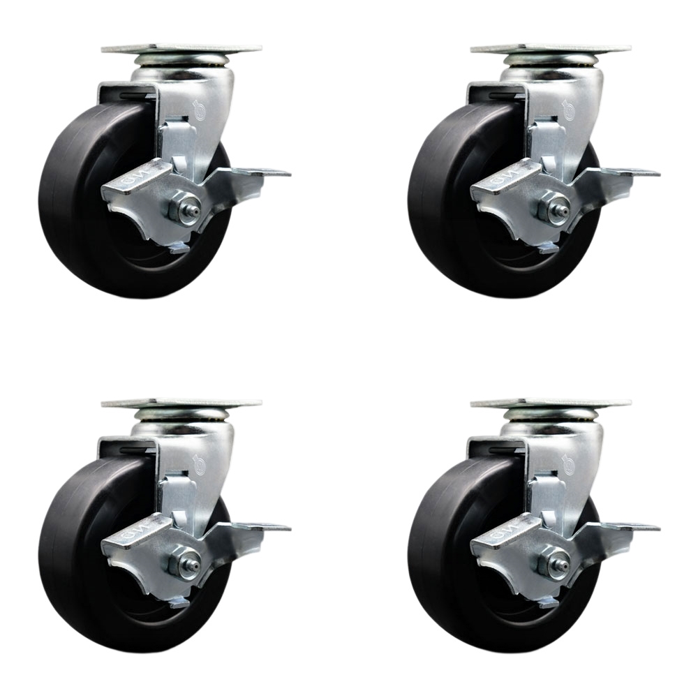 Tool Box Caster Wheel Set - 5 in. Flat Free, Zero Maintenance Polyolefin Wheels - Industrial Grade - 4 Swivel Casters with Top Lock Brakes