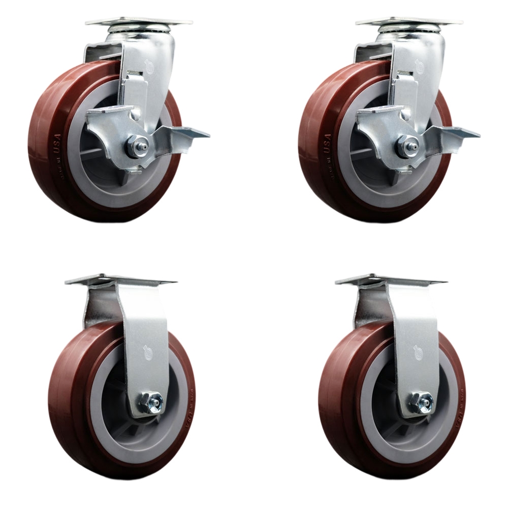 Tool Box Caster Wheel Set - 6 in. Non-Marking, Easy Rolling Maroon Polyurethane Wheels - Industrial Grade - 2 Swivel with Top Lock Brakes
