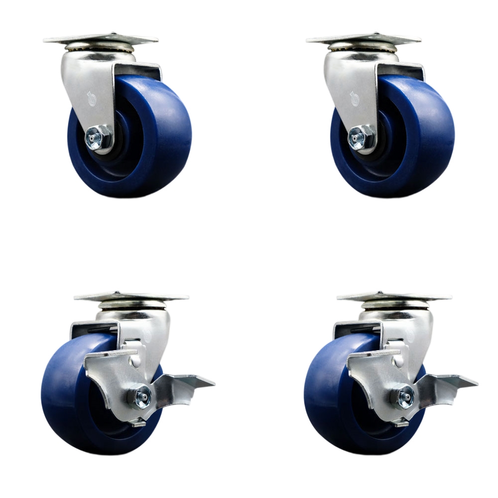 Tool Box Caster Wheel Set - 4 in. Non-Marking, Easy Rolling Solid Polyurethane Wheels - Industrial Grade - 2 Swivel with Top Lock Brakes