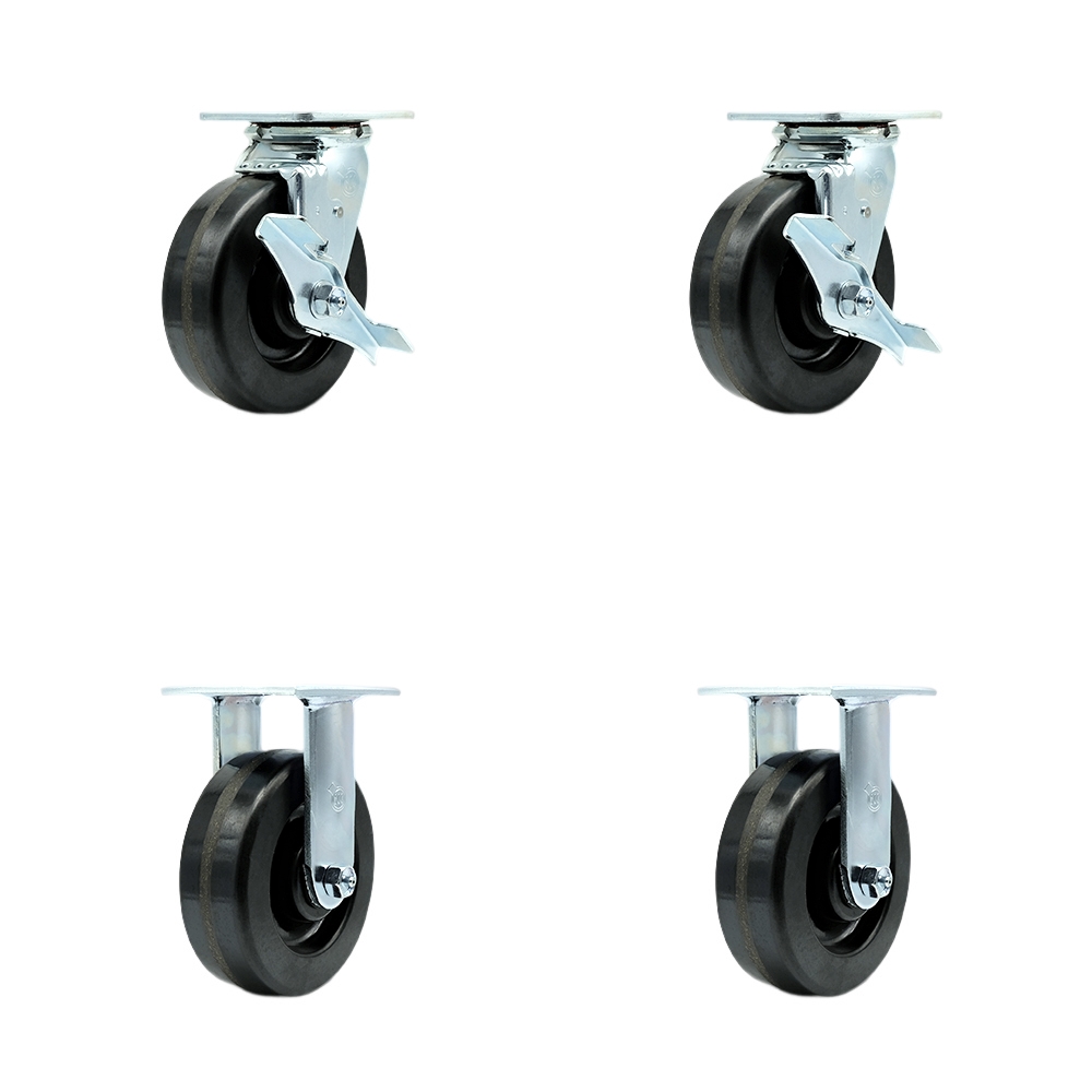 Tool Box Caster Wheel Set - 6 in. Flat Free, Zero Maintenance Phenolic Wheels - Industrial Grade - 2 Swivel with Top Lock Brakes