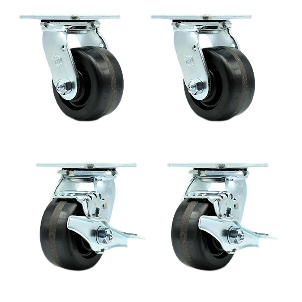 Tool Box Caster Wheel Set - 4 in. Flat Free, Easy Rolling Phenolic Wheels - Industrial Grade - 2 Swivel with Top Lock Brakes