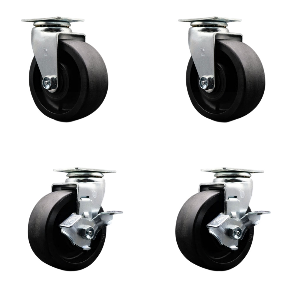 Tool Box Caster Wheel Set - 5 in. Flat Free, Easy Rolling Glass Filled Nylon Wheels - Industrial Grade - 2 Swivel with Top Lock Brakes