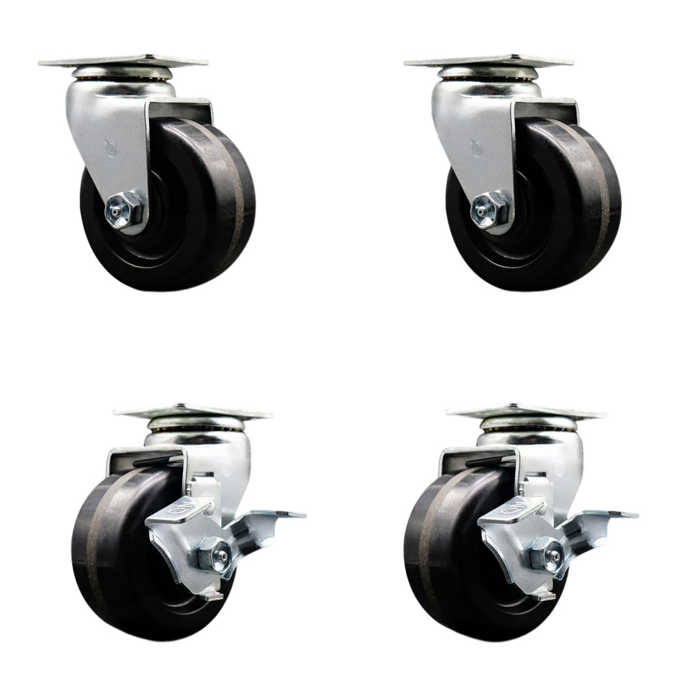 Tool Box Caster Wheel Set - 4 in. Flat Free, Easy Rolling Phenolic Wheels - Industrial Grade - 2 Swivel with Top Lock Brakes
