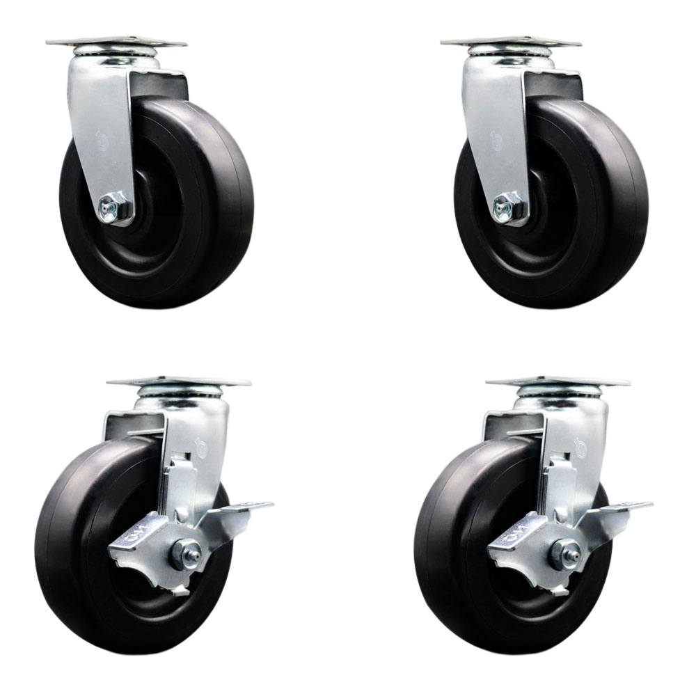 Tool Box Caster Wheel Set - 6 in. Flat Free, Zero Maintenance Polyolefin Wheels - Industrial Grade - 2 Swivel with Top Lock Brakes