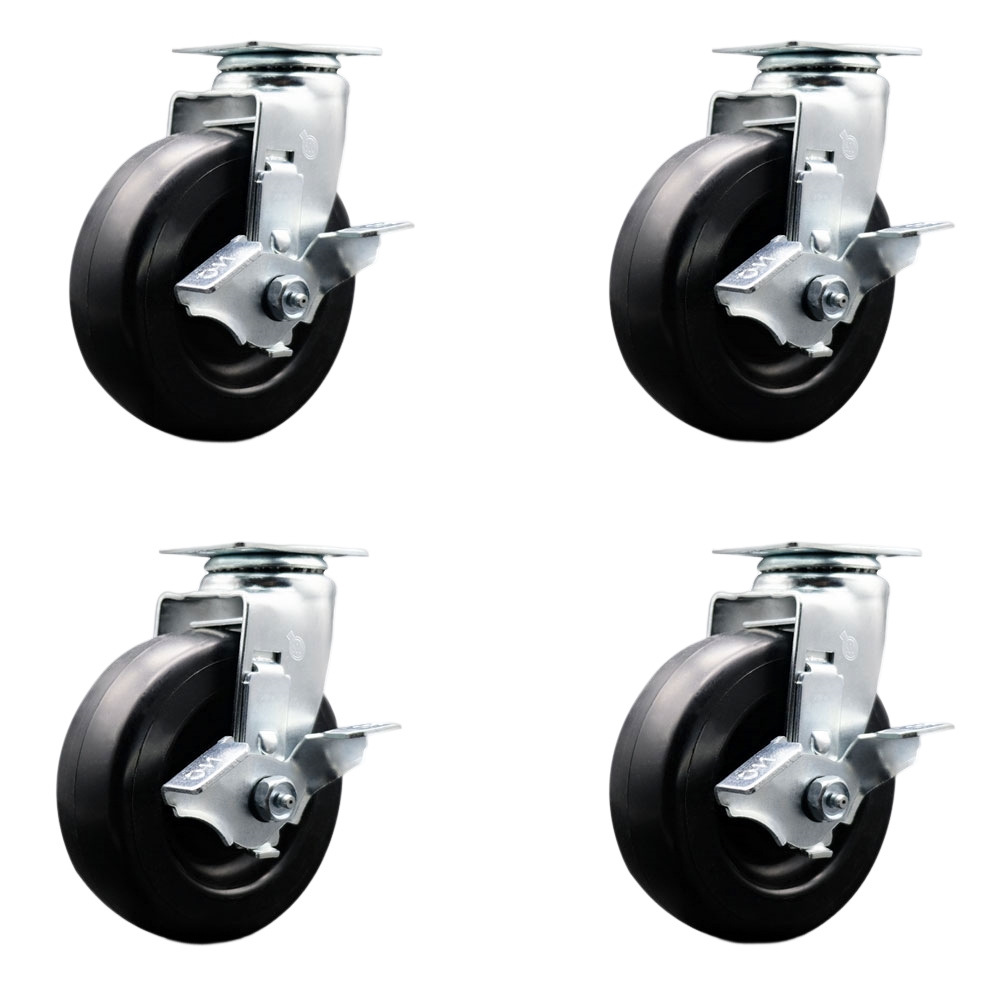 Tool Box Caster Wheel Set - 6 in. Flat Free, Easy Rolling Polyolefin Wheels - Industrial Grade - 4 Swivel Casters with Top Lock Brakes