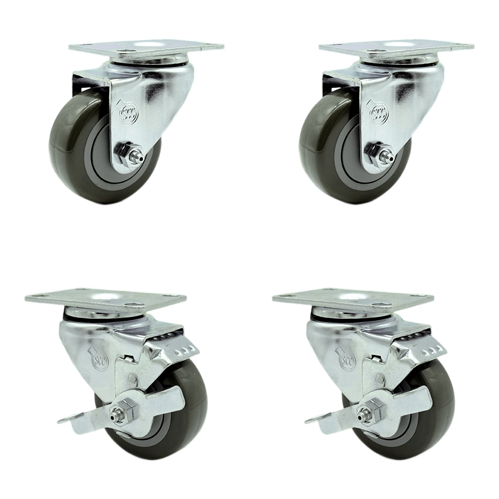 Tool Box Caster Wheel Set - 3.5 in. Non-Marking, Maintenance Free Gray Polyurethane Wheels - Industrial Grade - 2 Swivel with Top Lock Brakes