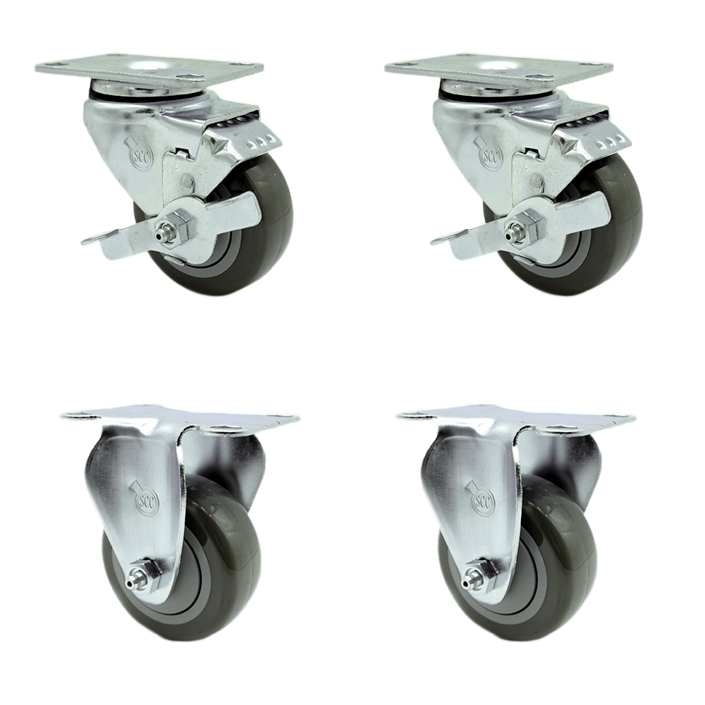 Tool Box Caster Wheel Set - 3.5 in. Non-Marking, Maintenance Free Gray Polyurethane Wheels - Industrial Grade - 2 Swivel with Top Lock Brakes