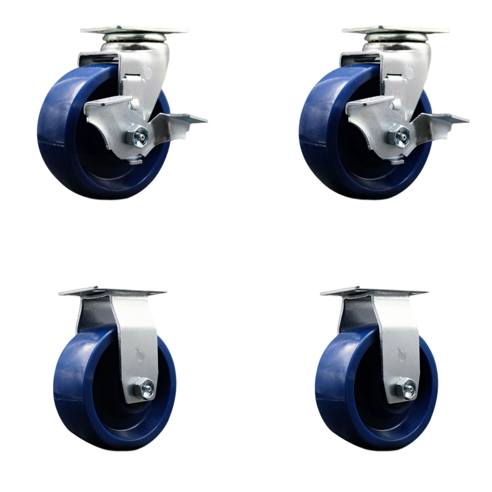 Tool Box Caster Wheel Set - 5 in. Non-Marking, Maintenance Free Solid Polyurethane Wheels - Industrial Grade - 2 Swivel with Top Lock Brakes