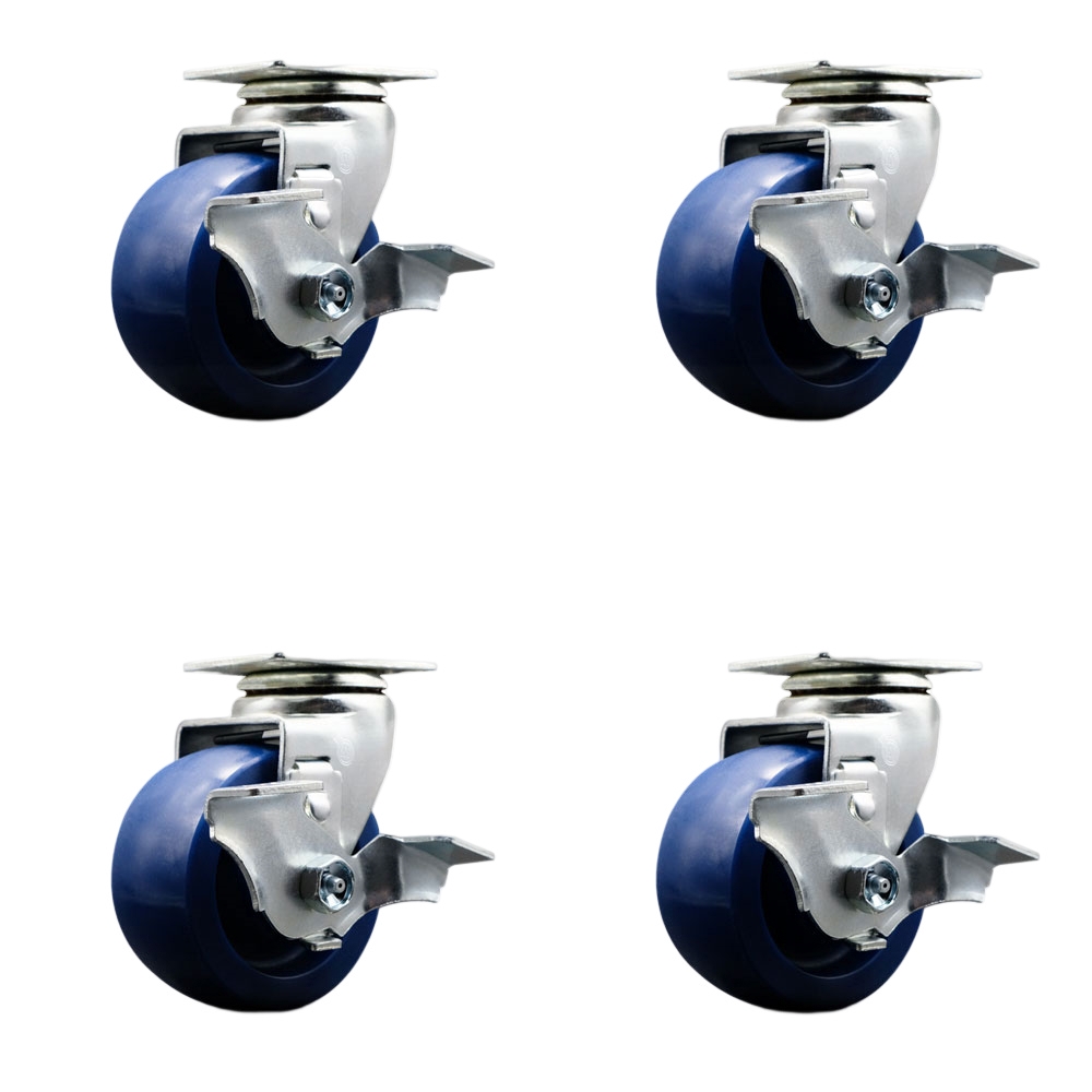 Tool Box Caster Wheel Set - 4 in. Non-Marking, Easy Rolling Solid Polyurethane Wheels - Industrial Grade - 4 Swivel Casters with Top Lock Brakes