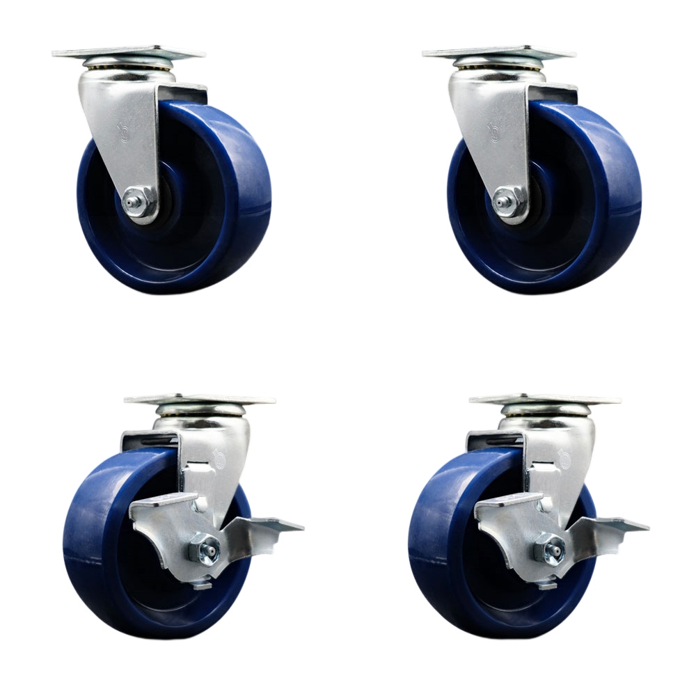 Tool Box Caster Wheel Set - 5 in. Non-Marking, Easy Rolling Solid Polyurethane Wheels - Industrial Grade - 2 Swivel with Top Lock Brakes