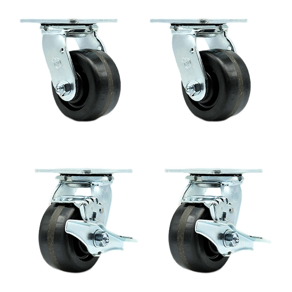 Tool Box Caster Wheel Set - 4 in. Flat Free, Zero Maintenance Phenolic Wheels - Industrial Grade - 2 Swivel with Top Lock Brakes