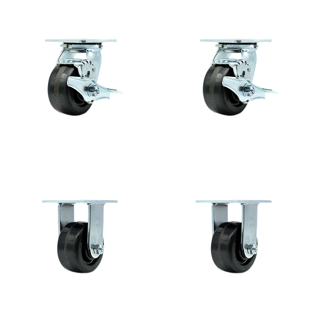 Tool Box Caster Wheel Set - 4 in. Flat Free, Zero Maintenance Phenolic Wheels - Industrial Grade - 2 Swivel with Top Lock Brakes