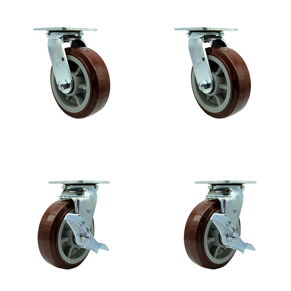 Tool Box Caster Wheel Set - 6 in. Non-Marking, Easy Rolling Maroon Polyurethane Wheels - Industrial Grade - 2 Swivel with Top Lock Brakes