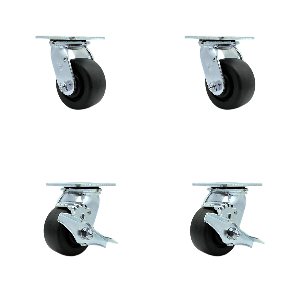Tool Box Caster Wheel Set - 4 in. Flat Free, Zero Maintenance Polyolefin Wheels - Industrial Grade - 2 Swivel with Top Lock Brakes