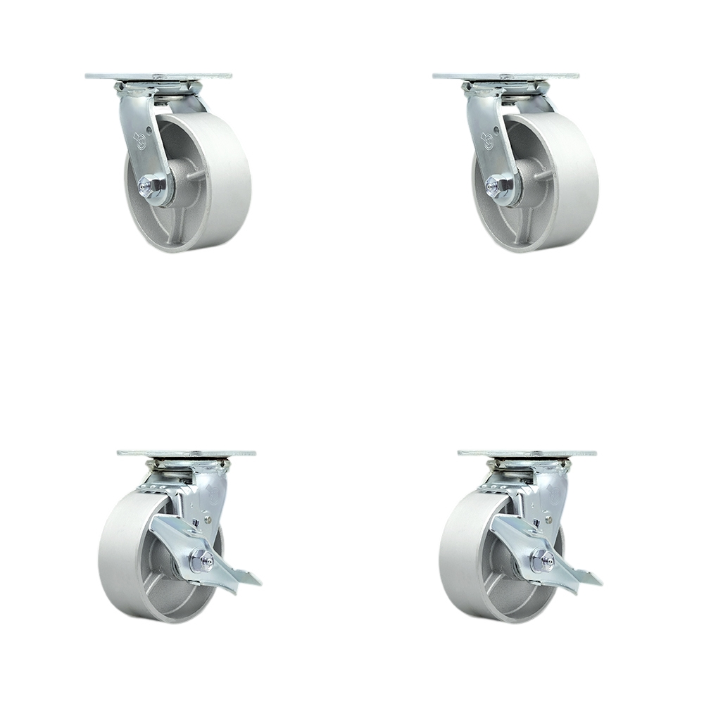 Tool Box Caster Wheel Set - 5 in. Flat Free, Easy Rolling Semi Steel Cast Iron Wheels - Industrial Grade - 2 Swivel with Top Lock Brakes