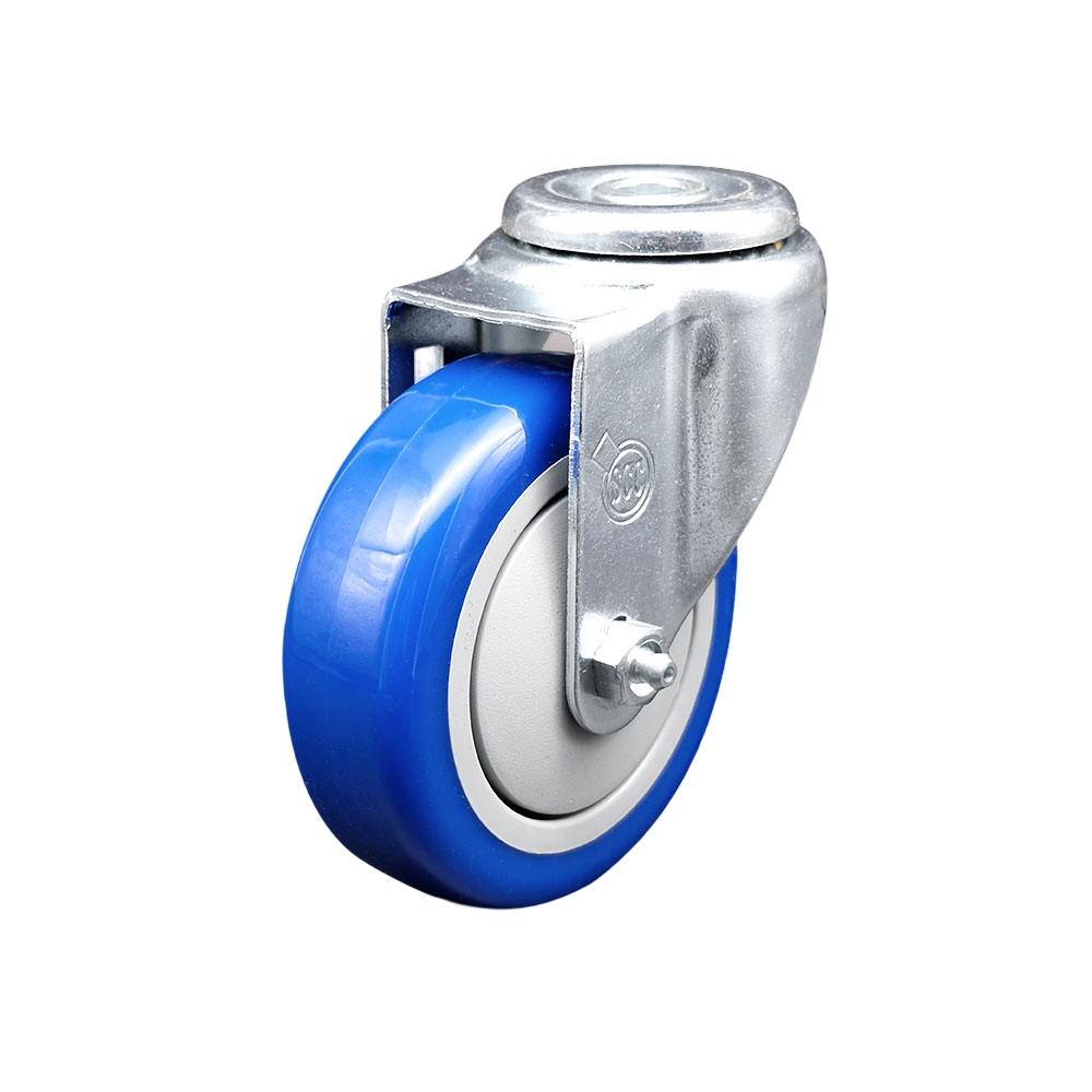 Welding, Detailing Chairs & Mechanical Creeper Polyurethane Swivel Bolt Hole Caster with 4 x 1.25 in. Blue Wheel - 350 lbs Capacity per Caster