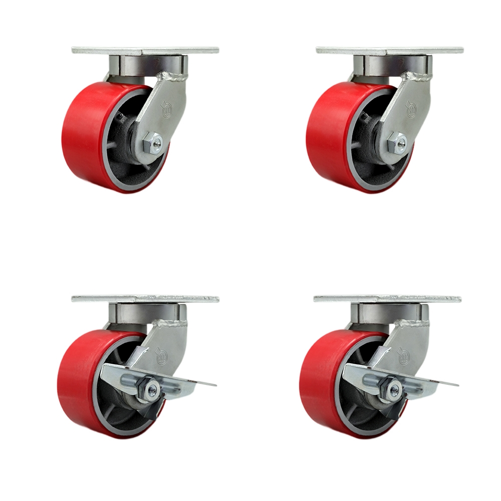 Extra Heavy Duty 6 x 3 in. Red Poly on Cast Iron Swivel Caster Set for Cranes, Gantries, Hoists & Winches - Set of 4 - 2000 lbs per Caster