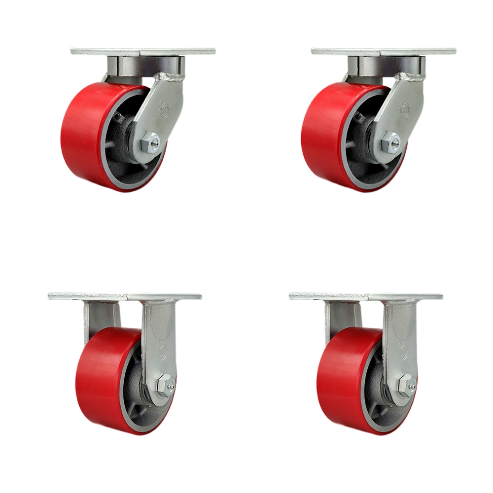 Extra Heavy Duty 6 x 3 in. Red Poly on Cast Iron Swivel Caster Set for Cranes, Gantries, Hoists & Winches - Set of 4 - 2000 lbs per Caster
