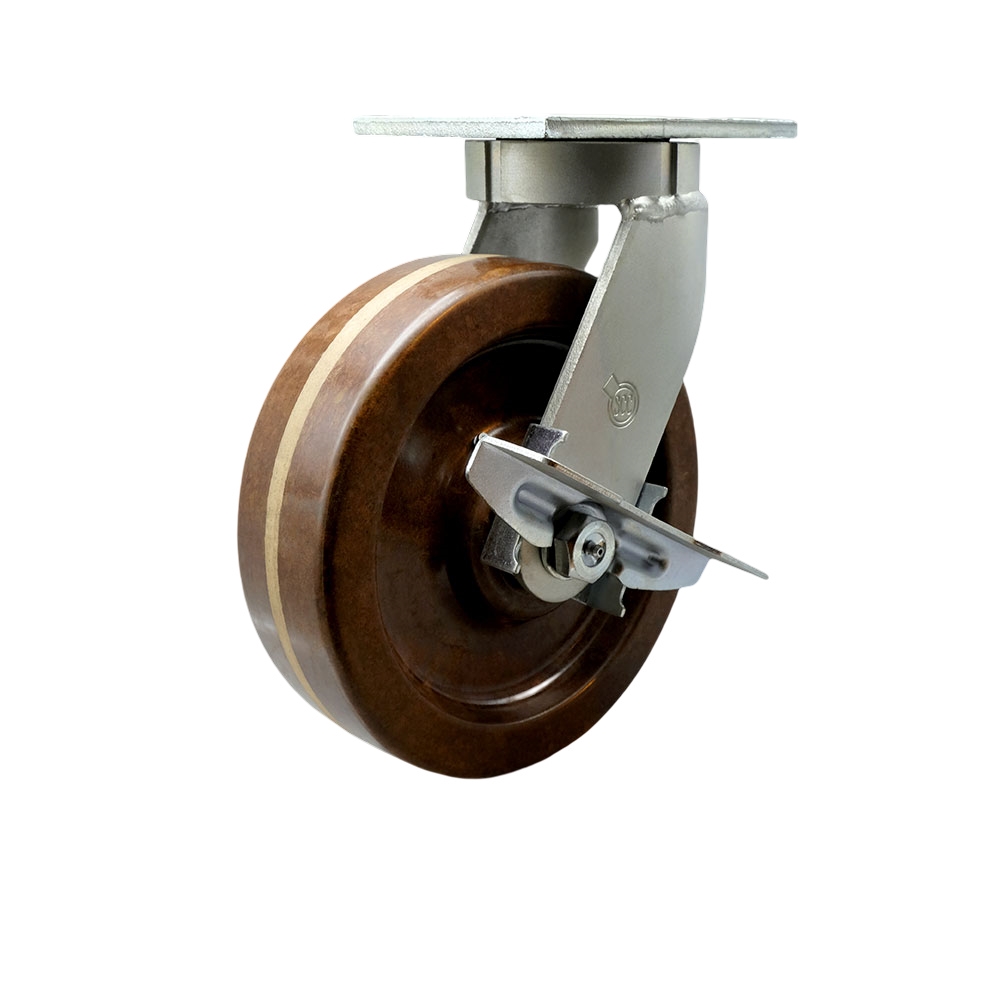 Extra Heavy Duty Kingpinless 8 x 3 in. High Temperature Phenolic Swivel Caster with Side Lock Brake for Cranes, Gantries, Hoists & Winches