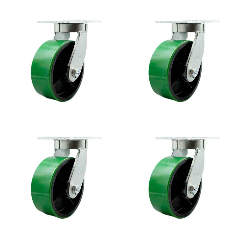 Extra Heavy Duty 8 x 3 in. Green Poly on Cast Iron Swivel Caster Set for Cranes, Gantries, Hoists & Winches - Set of 4 - 2500 lbs per Caster