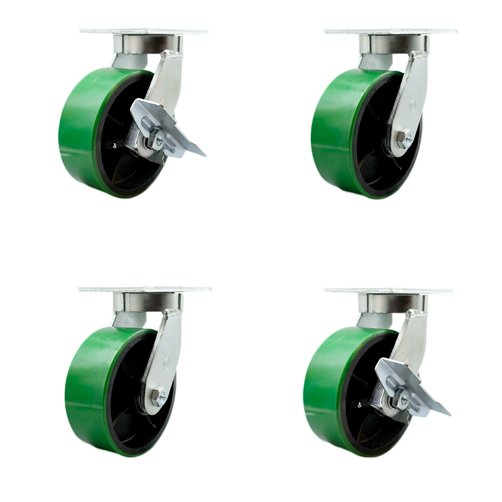 Extra Heavy Duty 8 x 3 in. Green Poly on Cast Iron Swivel Caster Set for Cranes, Gantries, Hoists & Winches - Set of 4 - 2500 lbs per Caster