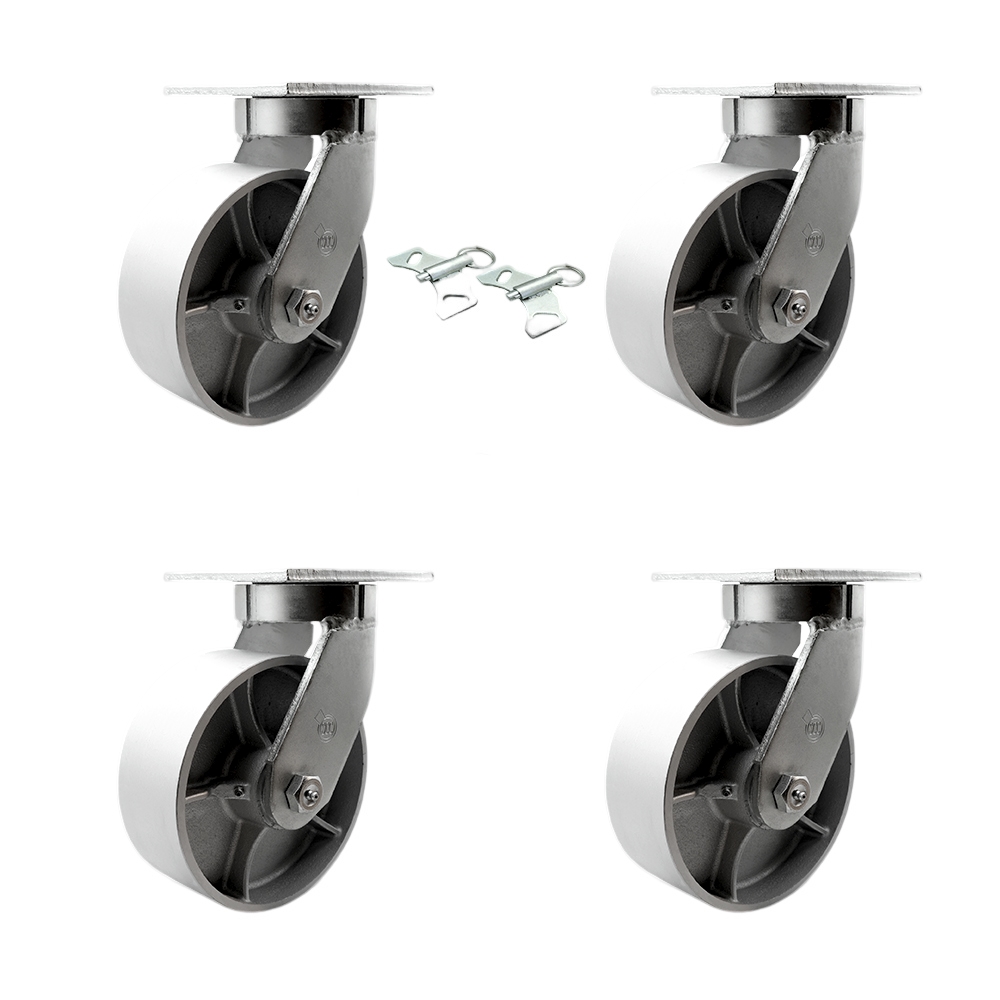 Extra Heavy Duty 8 x 3 in. Semi Steel Cast Iron Swivel Caster Set for Cranes, Gantries, Hoists & Winches - Set of 4 - 2500 lbs per Caster