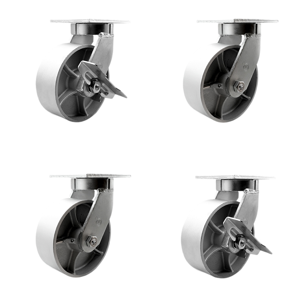 Extra Heavy Duty 8 x 3 in. Semi Steel Cast Iron Swivel Caster Set for Cranes, Gantries, Hoists & Winches - Set of 4 - 2500 lbs per Caster