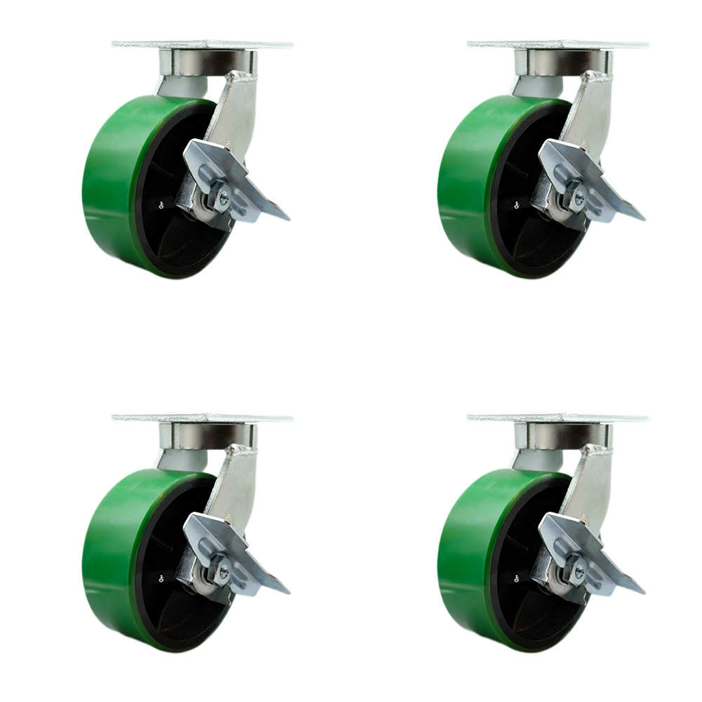 Extra Heavy Duty 8 x 3 in. Green Poly on Cast Iron Swivel Caster Set for Cranes, Gantries, Hoists & Winches - Set of 4 - 2500 lbs per Caster
