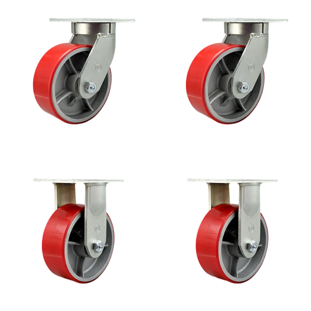 Extra Heavy Duty 8 x 3 in. Red Poly on Cast Iron Swivel Caster Set for Cranes, Gantries, Hoists & Winches - Set of 4 - 2500 lbs per Caster