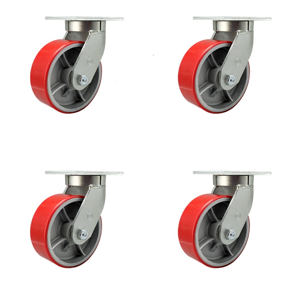 Extra Heavy Duty 8 x 3 in. Red Poly on Cast Iron Swivel Caster Set for Cranes, Gantries, Hoists & Winches - Set of 4 - 2500 lbs per Caster