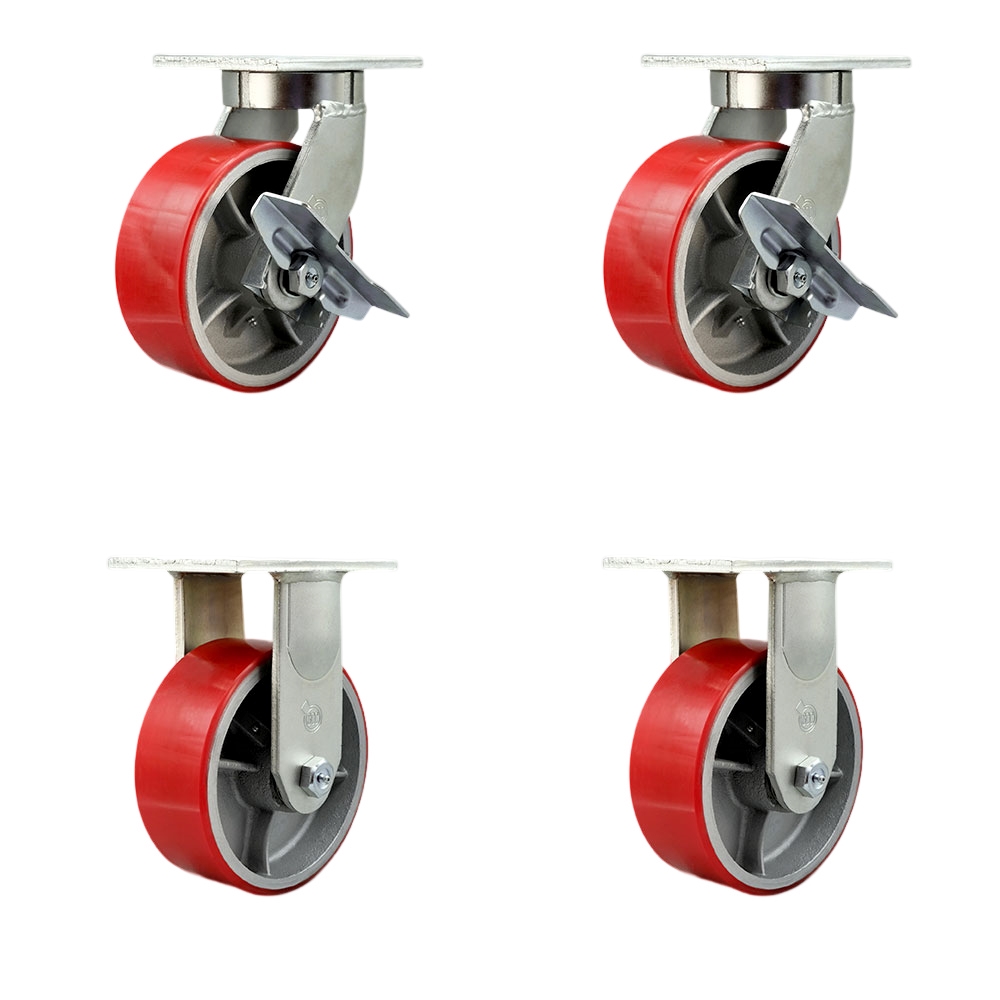 Extra Heavy Duty 8 x 3 in. Red Poly on Cast Iron Swivel Caster Set for Cranes, Gantries, Hoists & Winches - Set of 4 - 2500 lbs per Caster