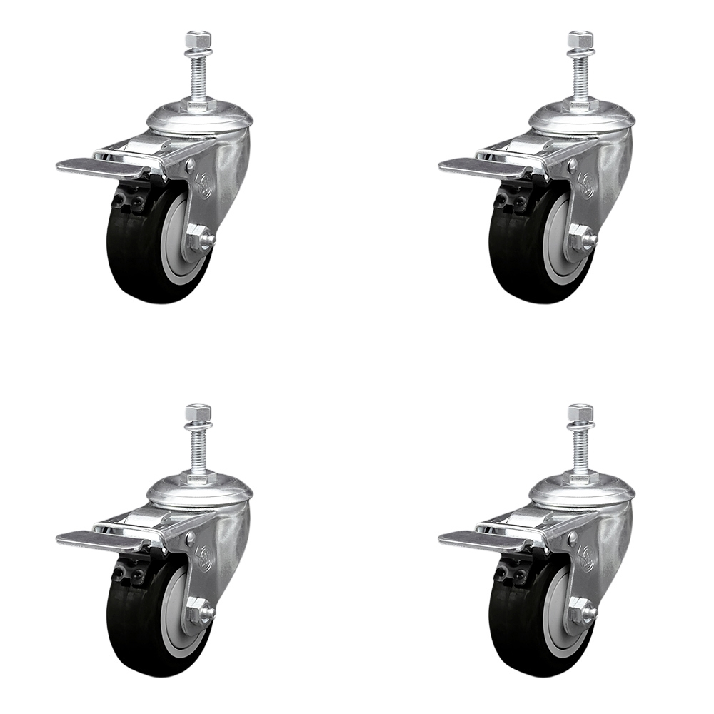 Replacement Set for Laguna Casters - Swivel 0.375 in. Threaded Stem Casters with 3 in. Black Polyurethane Wheels & Total Lock Brakes