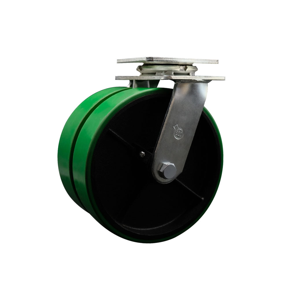 Heavy Duty Swivel Top Plate Caster with Dual 8 in. Green Polyurethane on Cast Iron Wheels & Ball Bearings - 1250 lbs Capacity per Caster