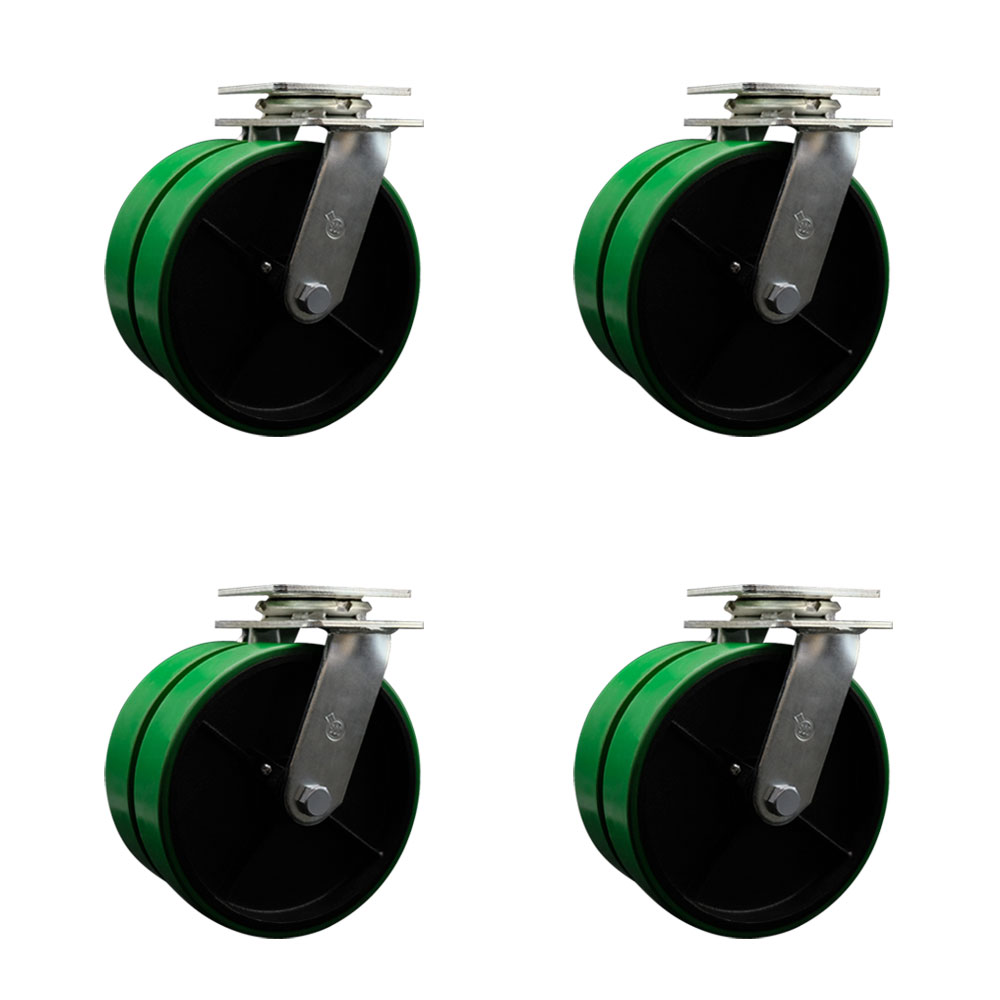 Heavy Duty Swivel Caster with Dual 8 in. Green Polyurethane on Cast Iron Wheels & Ball Bearings - 5000 lbs Total Capacity - Set of 4