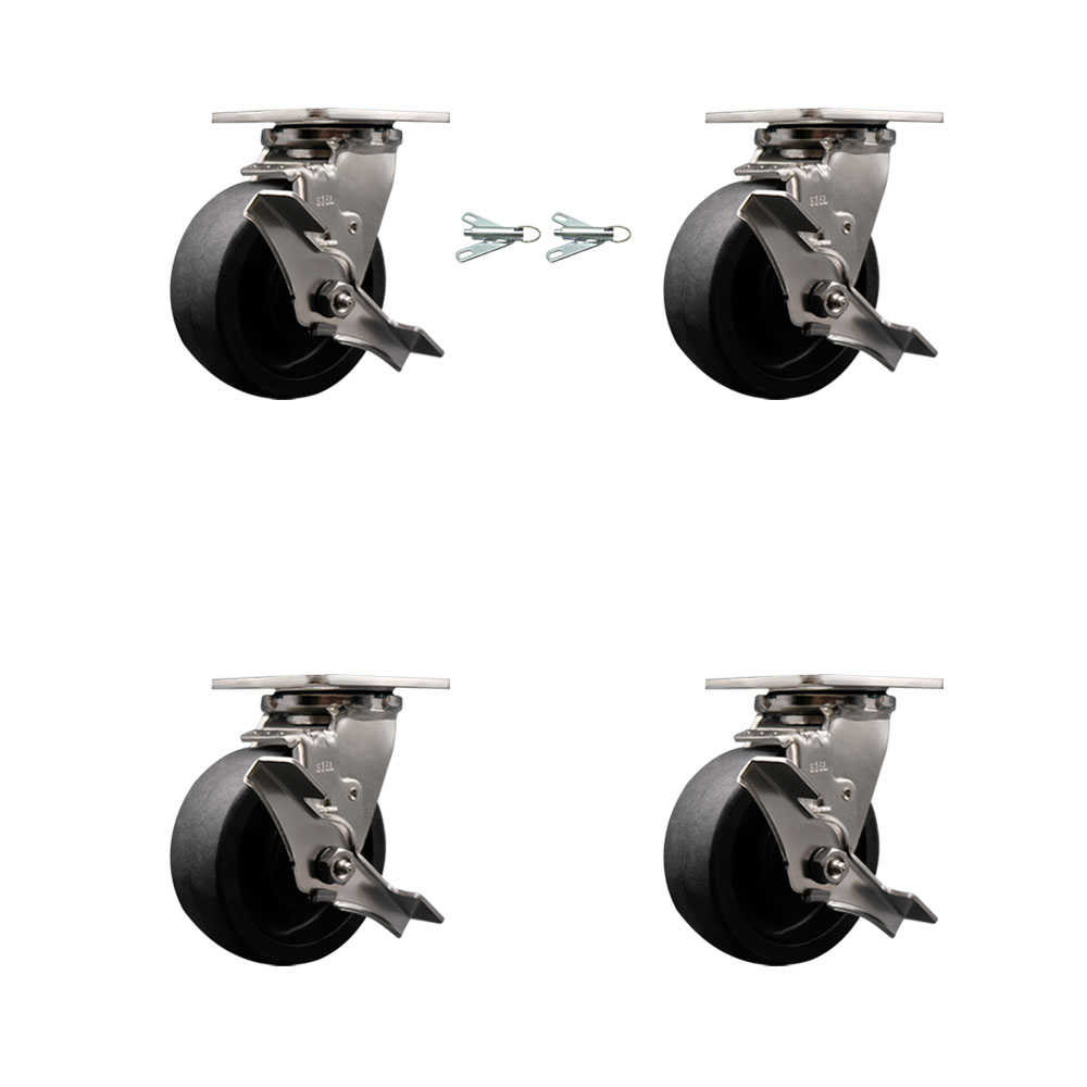 SCC-SS31630S520-GFNB-TLB-BSL-2-TLB-2 316 Stainless Steel Heavy Duty Swivel Caster Set with 5 in. Glass Filled Nylon Wheels & Ball Bearing