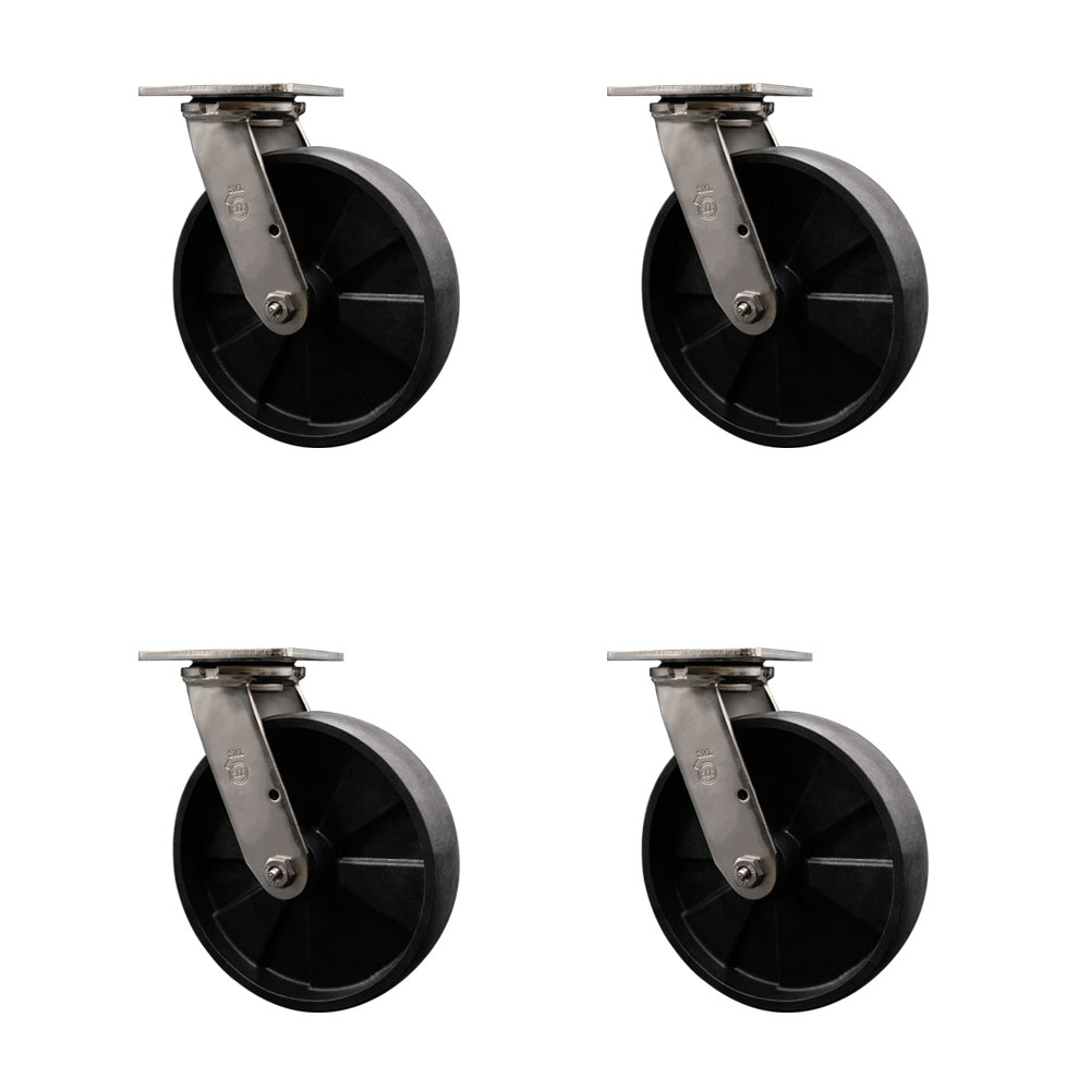 Heavy Duty Stainless Steel Swivel Casters - 8in. Wheels - Set of 4 - 5000 lbs Capacity