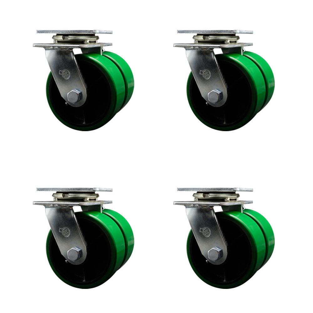 Heavy Duty Swivel Caster with Dual 5 in. Green Polyurethane on Cast Iron Wheels & Ball Bearings - 5000 lbs Total Capacity - Set of 4